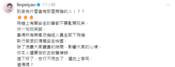 林佩瑤批評不負責任乘客：假稱攜帶手榴彈延誤航班，引發網友共鳴