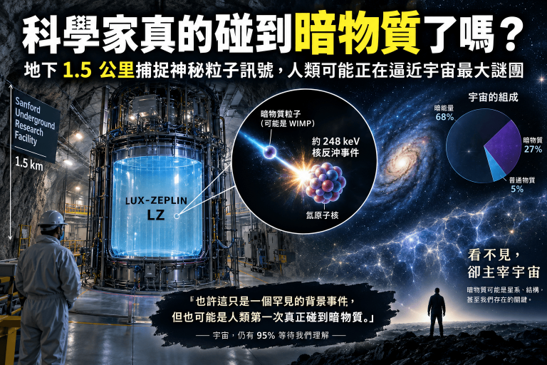 地下約1.5公里的LUX-ZEPLIN實驗觀察到一個難以立即用已知背景解釋的核反沖事件，引發暗物質研究關注。本文解析暗物質是什麼、WIMP、LUX-ZEPLIN、宇宙暗物質、5 sigma標準與暗物質發現需要哪些證據，說明為什麼一個神秘粒子訊號可能成為新物理的重要線索。