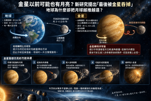 金星今天沒有天然衛星，但最新研究提出，如果早期金星曾形成大型月亮，極慢且逆向的金星自轉可能透過潮汐力讓衛星逐步向內遷移，最後撞上金星或先在洛希極限被撕碎。本文解析金星月亮、月球遠離地球、潮汐演化、金星自轉、DAVINCI與VERITAS，理解行星如何決定衛星命運。