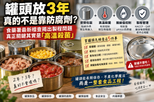 罐頭食品能常溫保存2至3年，真正關鍵通常不是大量防腐劑，而是密閉包裝、商業滅菌、酸鹼值與高溫殺菌。本文解析食藥署最新罐頭食品稽查、罐頭保存、罐頭防腐劑、罐頭過期、肉毒桿菌、低酸性食品、膨罐與凹罐風險，以及消費者買罐頭時真正該注意哪些食品安全警訊。