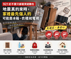 2026年921國家防災日將於9月21日上午9時21分進行地震警報演練，官方再次提醒趴下、掩護、穩住、固定大型家具、準備至少3日物資與緊急避難包。本文整理地震防災、家具防倒、冰箱與電視固定、玻璃防護、家庭集合點與居家防災重點，說明為什麼真正先傷人的可能不是建築，而是家裡會倒、會碎、會堵住逃生路線的物品。