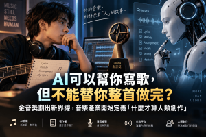 第17屆金音創作獎首次明確規範生成式AI，AI可作為音樂創作與製作輔助工具，但完全由AI生成的作品不得參賽。本文解析AI音樂、AI作曲、AI著作權、聲音複製、AI Credits與串流平台問題，說明當生成式AI能寫旋律、編曲甚至模仿歌手聲線後，音樂產業為什麼開始重新定義「誰才算創作者」。