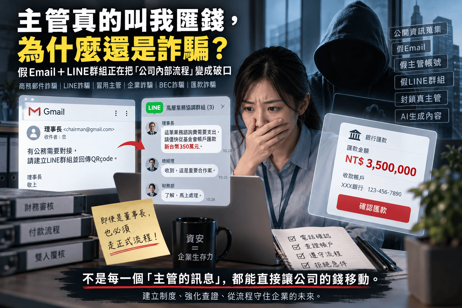 刑事局示警新型BEC商務郵件詐騙，歹徒會蒐集主管姓名與公司資訊，利用假Email要求員工另建LINE群組，再冒用主管要求匯款，甚至封鎖真主管帳號。本文解析商務郵件詐騙、LINE詐騙、冒用主管與企業匯款詐騙手法，說明雙人覆核、獨立查證、供應商帳戶變更與付款內控為何比單純辨認假帳號更重要。