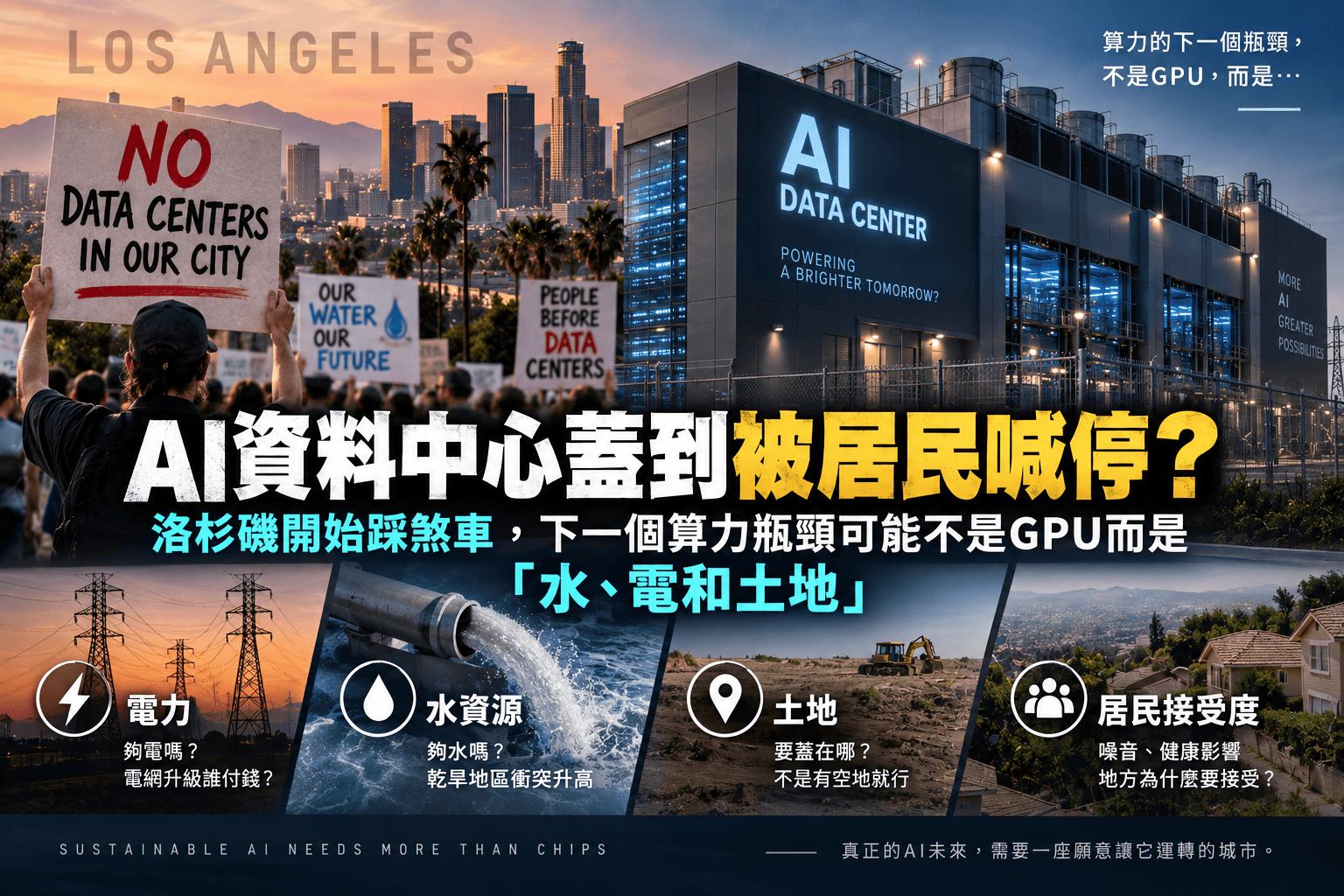 AI資料中心蓋到被居民喊停?洛杉磯開始踩煞車,下一個算力瓶頸可能不是GPU而是「水、電和土地」