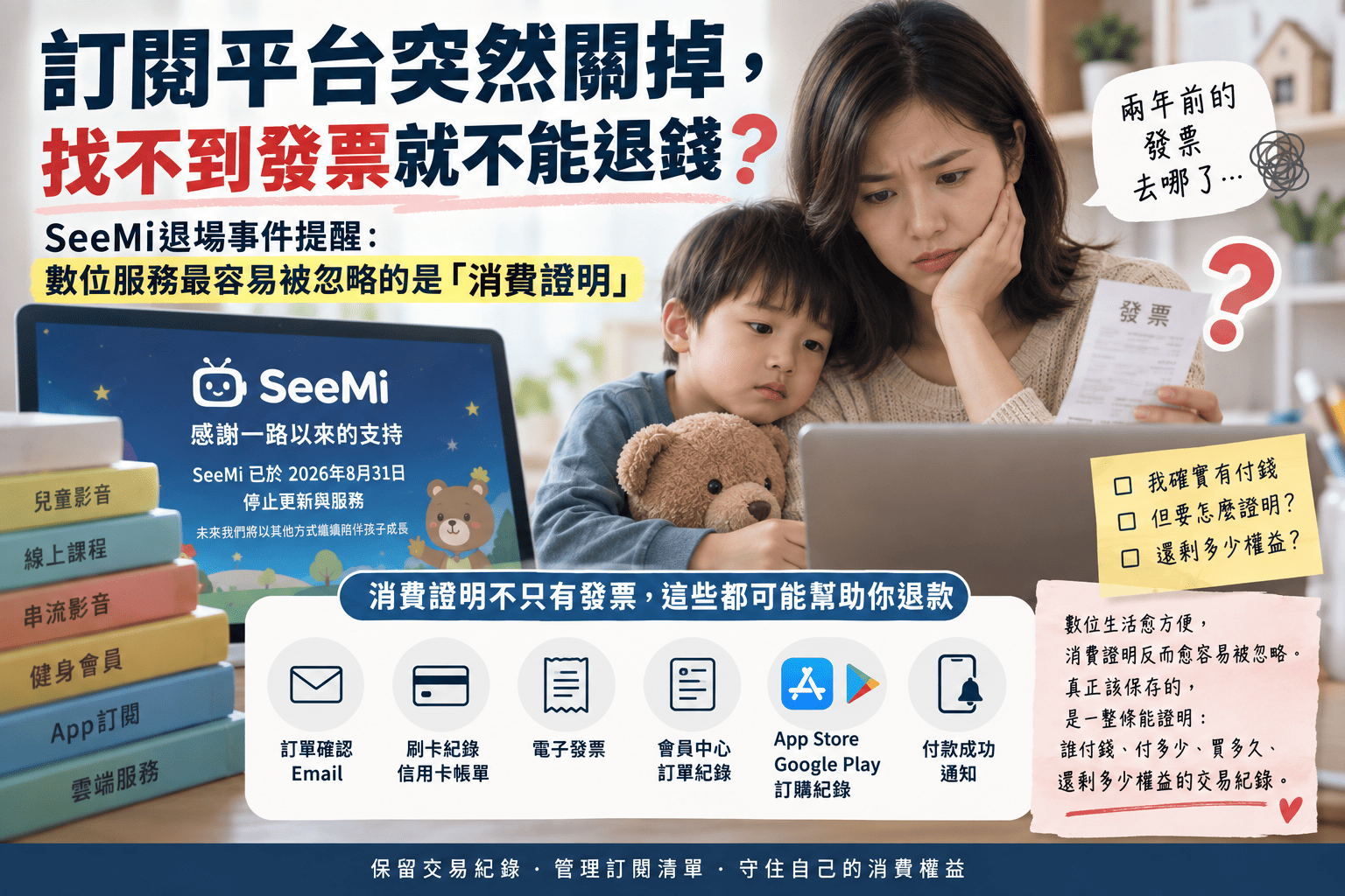 訂閱平台突然關掉，找不到發票就不能退錢？SeeMi退場事件提醒：數位服務最容易被忽略的是「消費證明」