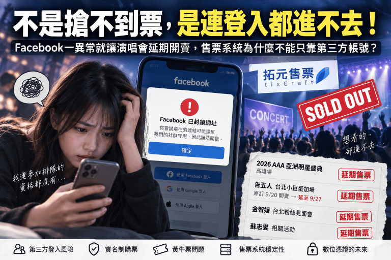 2026 AAA開賣時，部分綁定Facebook帳號的拓元會員因登入異常無法進入購票流程，後續告五人、金智媛等活動也受影響而延期售票。本文整理拓元售票、Facebook登入、演唱會搶票、實名制購票、黃牛票與數位憑證議題，說明第三方登入為什麼會形成單點故障，以及下一代售票系統如何兼顧備援、安全與公平。