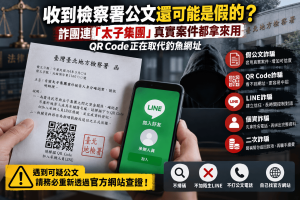 台北地檢署警告，有不法人士冒用檢方名義寄發假公文，直接套用真實太子集團案件，誘導民眾掃描QR Code加入LINE並提供姓名、電話等個資。本文整理假公文詐騙、QR Code詐騙、假檢察官、LINE詐騙與個資風險，說明為什麼真正可靠的防詐方式不是看文件像不像真的，而是自行從官方網站重新建立查證管道。