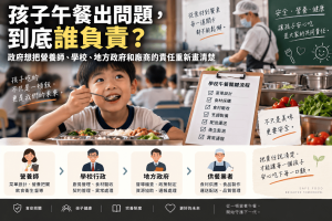 校園營養午餐出現食安、食材驗收或供餐品質問題，到底該找營養師、學校還是供餐廠商？行政院要求教育部檢視學校午餐RACI責任分工，重新釐清菜單設計、食材驗收、中央廚房、外包供餐與地方政府權責。本文整理現行校園食安制度、不同供餐模式差異，以及責任矩陣可能帶來的改變。