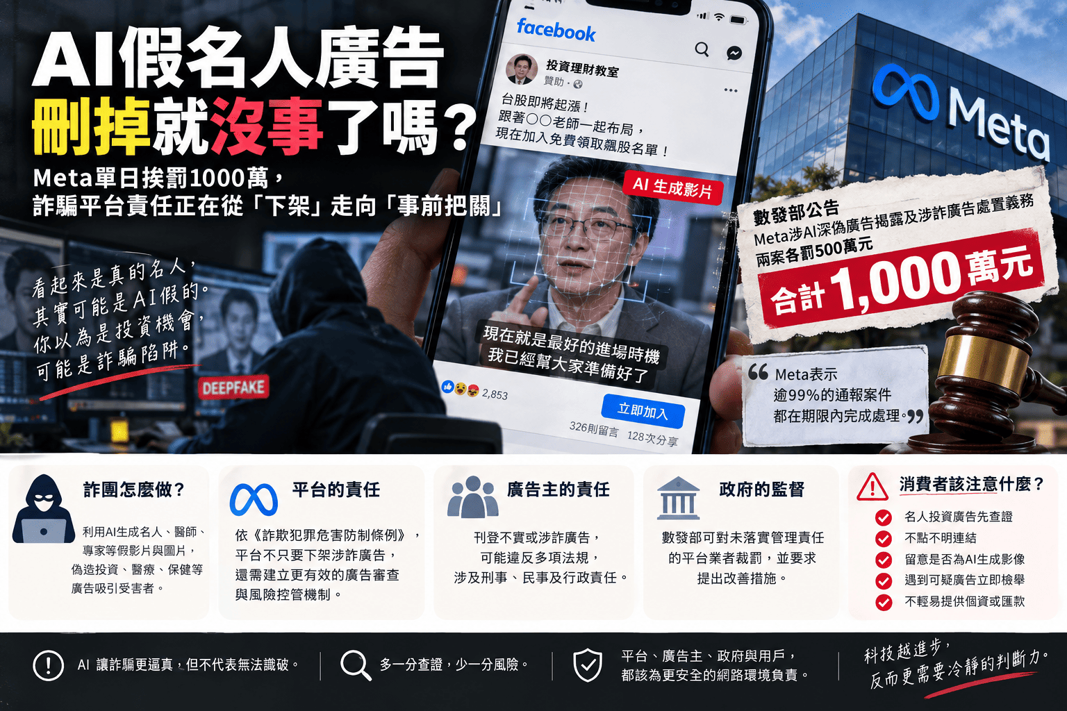 AI假名人廣告刪掉就沒事了嗎？Meta單日挨罰1000萬，詐騙平台責任正在從『下架』走向『事前把關』
