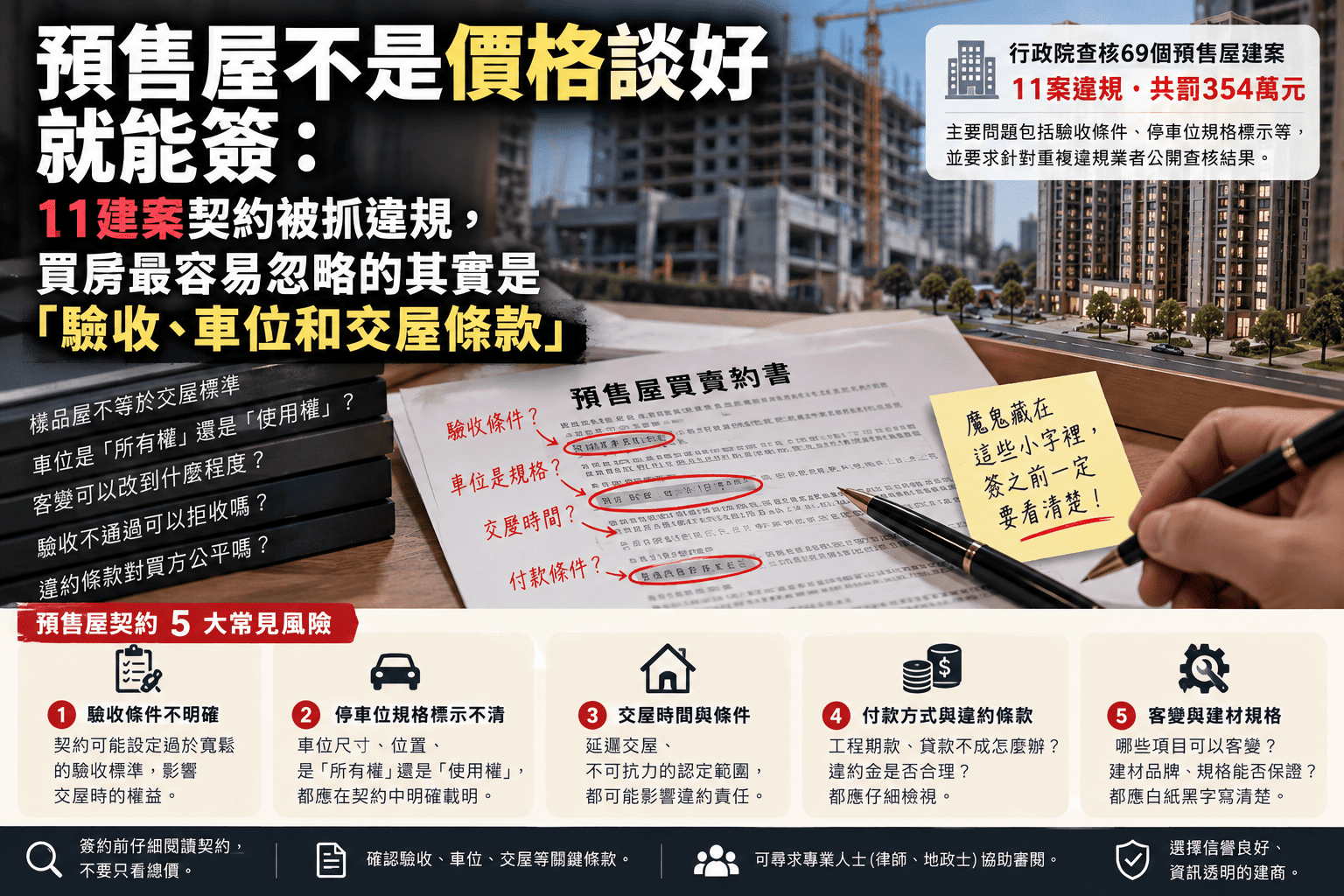 預售屋不是價格談好就能簽：11建案契約被抓違規，買房最容易忽略的其實是「驗收、車位和交屋條款」