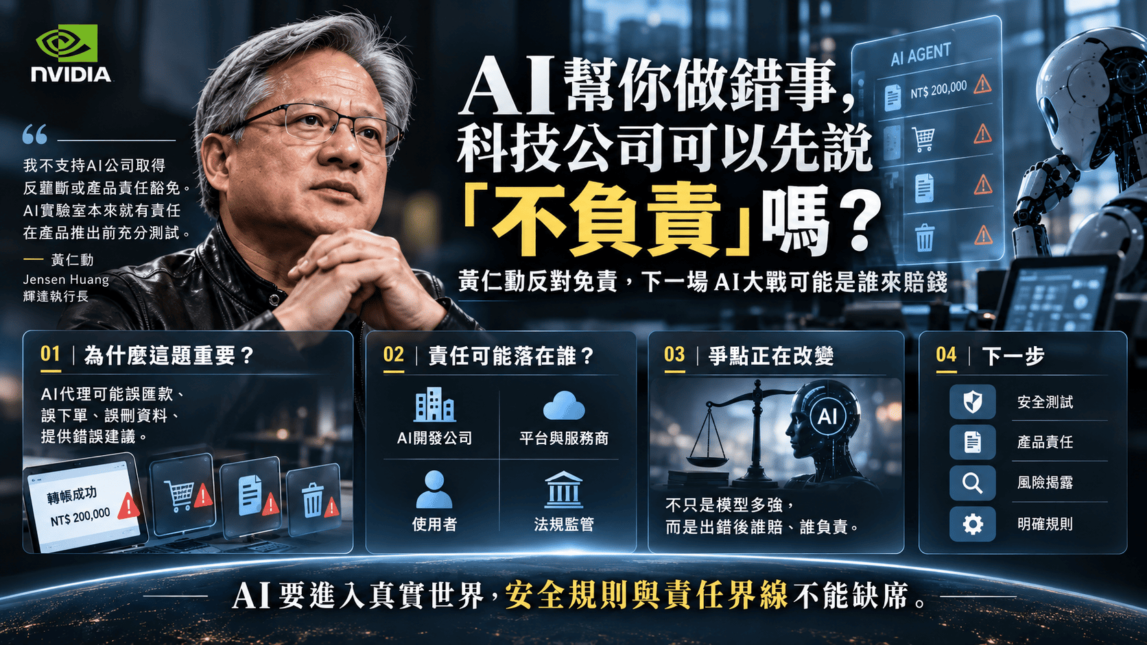 AI幫你做錯事,科技公司可以先說『不負責』嗎?黃仁勳反對免責,下一場AI大戰可能是誰來賠錢