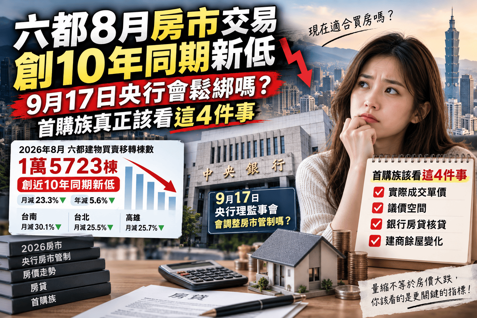 六都8月房市交易創10年同期新低，9月17日央行會鬆綁嗎？首購族真正該看這4件事