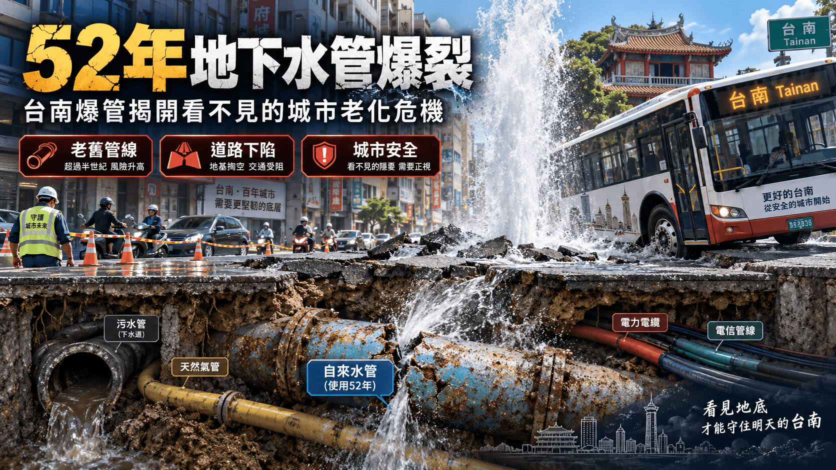 52年地下水管爆裂只是單一事故嗎?台南爆管揭開城市「看不見的老化危機」