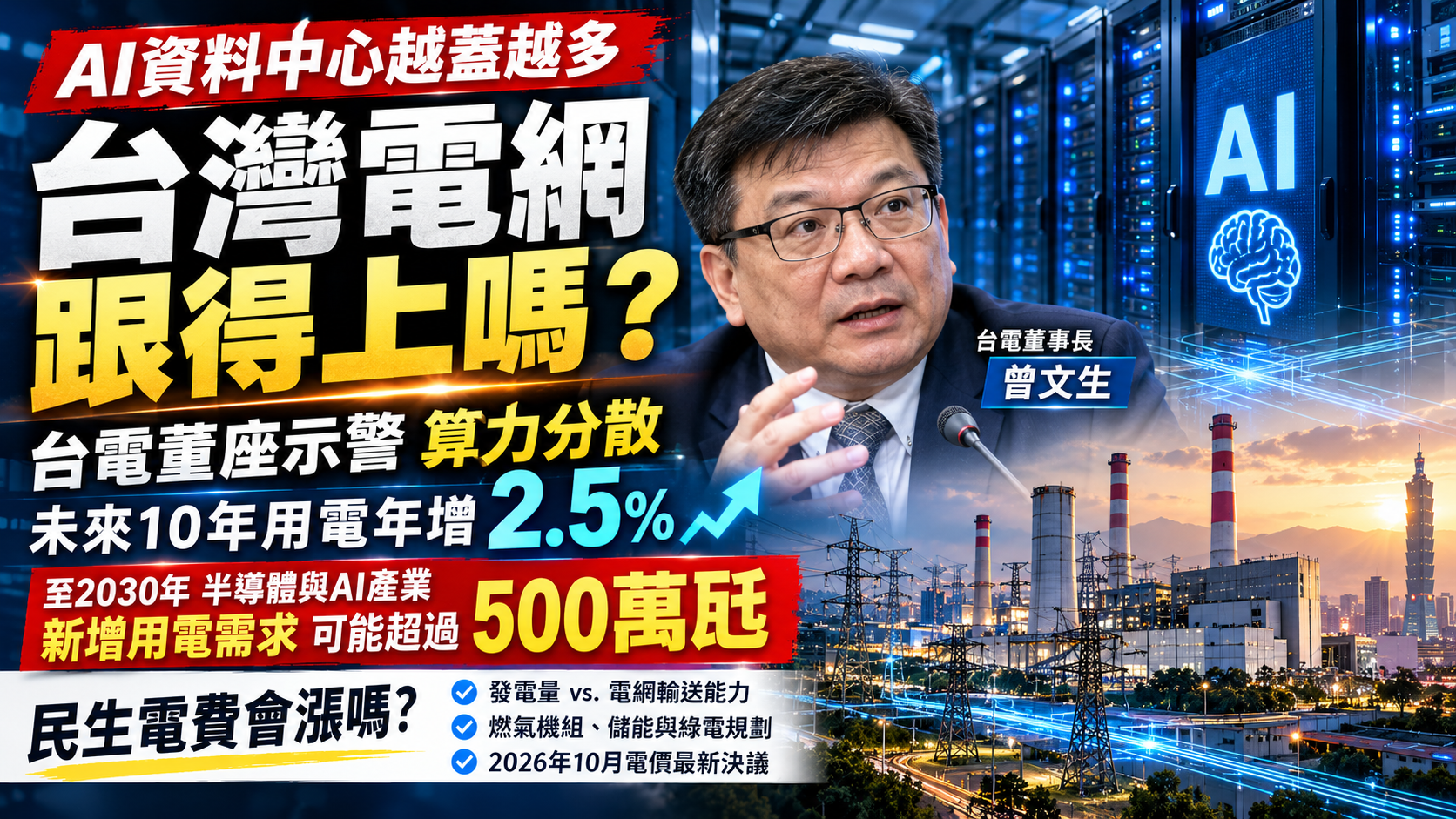 AI資料中心越蓋越多，台灣電網跟得上嗎？台電董座示警算力分散，未來10年用電年增2.5%，民生電費會漲嗎？
