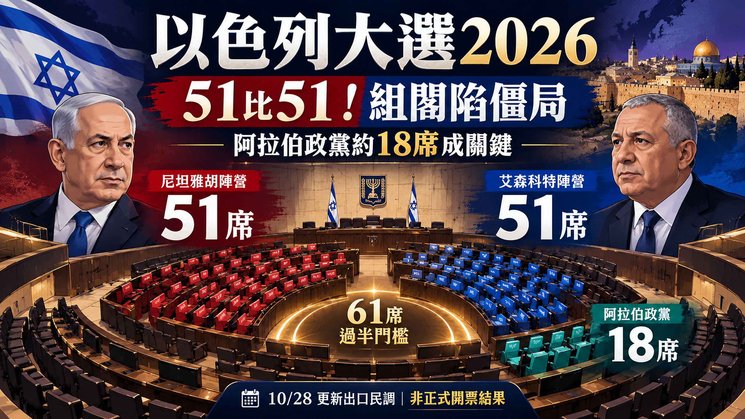 以色列大選最新結果!尼坦雅胡與艾森科特51席僵局、阿拉伯政黨18席成關鍵,為何120席國會誰都拿不到61席?組閣、加薩與中東局勢一次看