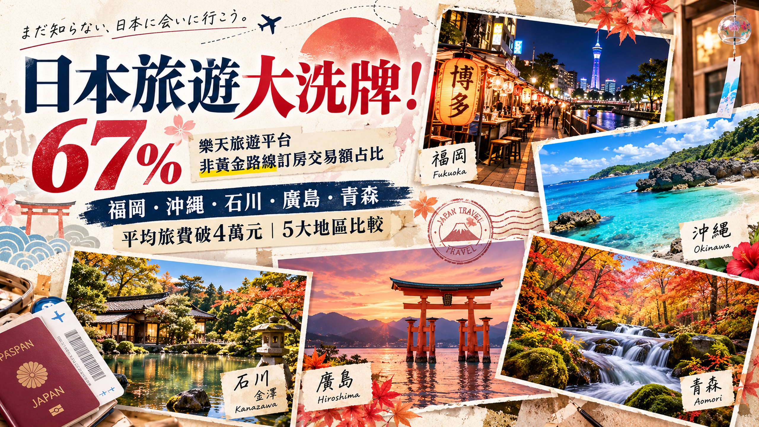 日本旅遊大洗牌！67%訂房交易額流向非黃金路線，福岡、沖繩、石川、廣島、青森為何變熱門？4萬元預算與5大地區比較