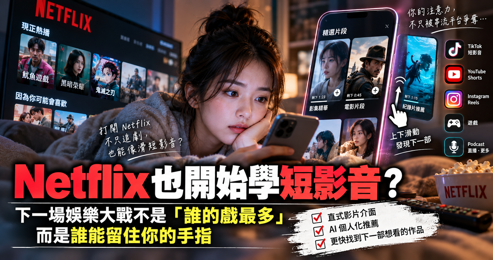 Netflix也開始學短影音？追劇平台搶進直式影片，下一場娛樂大戰不是「誰的戲最多」而是誰能留住你的手指