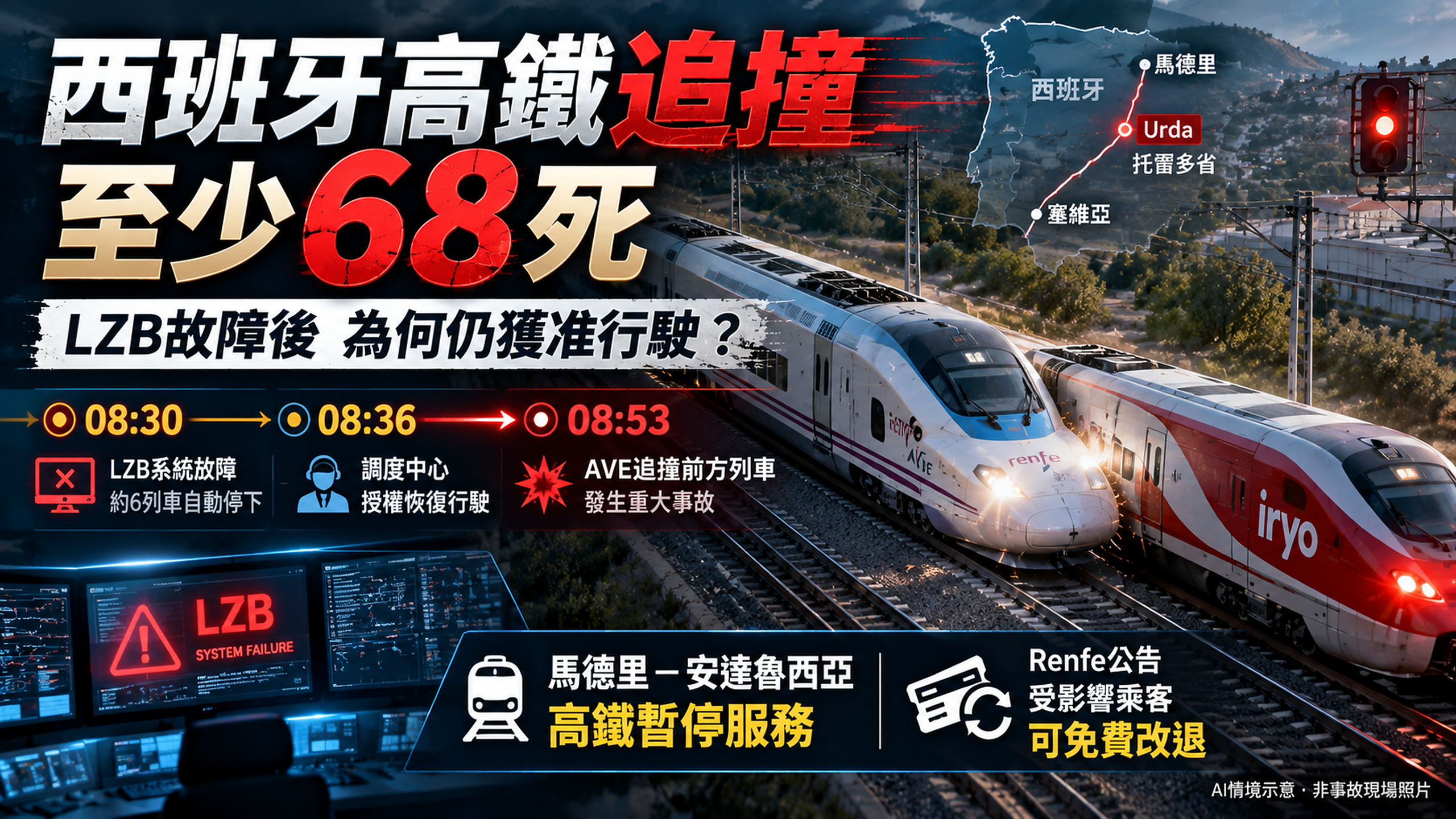 西班牙高鐵追撞至少68死！LZB安全系統故障後為何仍放行？23分鐘事故時間線、調度責任、馬德里至安達魯西亞停駛與退票資訊