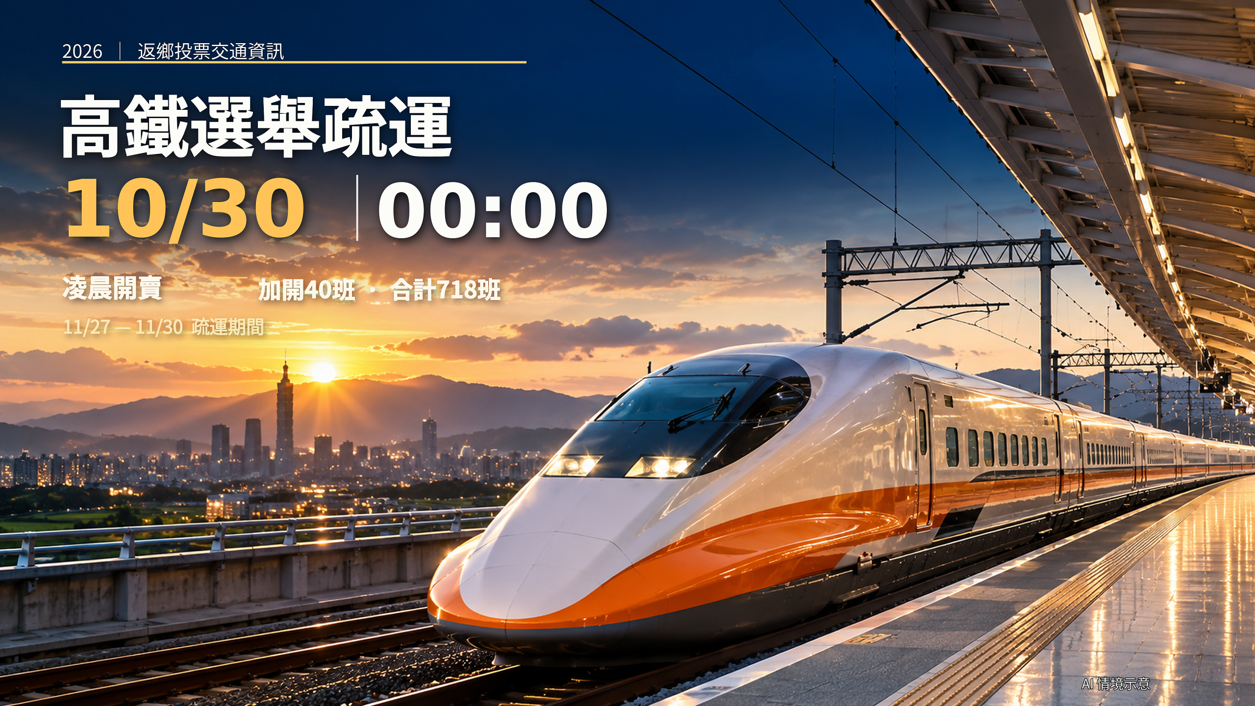 高鐵選舉疏運10/30凌晨開搶！11/27至30加開40班、總計718班次，11節自由座怎麼搭？T-EX購票、早鳥優惠與5班跨午夜列車一次看