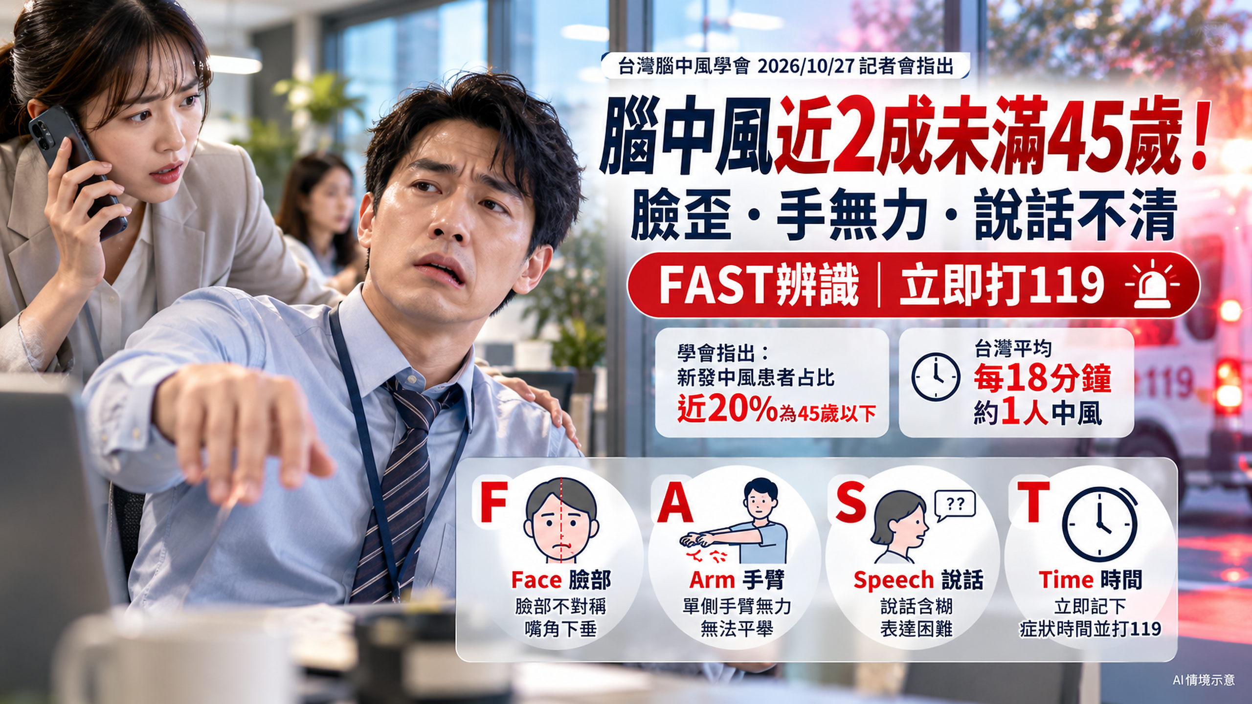 腦中風近2成不到45歲!臉歪、手無力別以為太累,每18分鐘1人中風、FAST與119急救怎麼做?醫界推「中風888」防失能