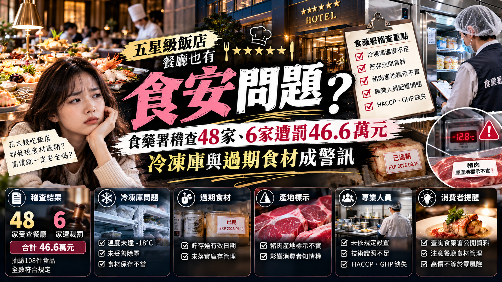 五星級飯店餐廳也有食安問題?食藥署稽查48家、6家遭罰46.6萬元,冷凍庫與過期食材成警訊