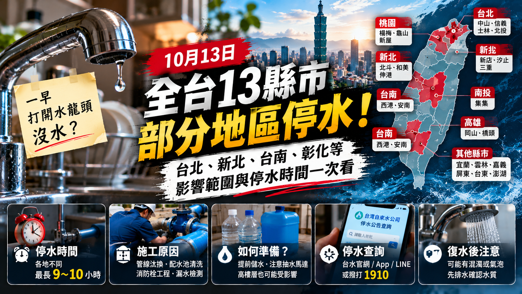 10月13日全台13縣市部分地區停水!台北、新北、台南、彰化影響範圍曝光,停水時間與復水查詢一次看