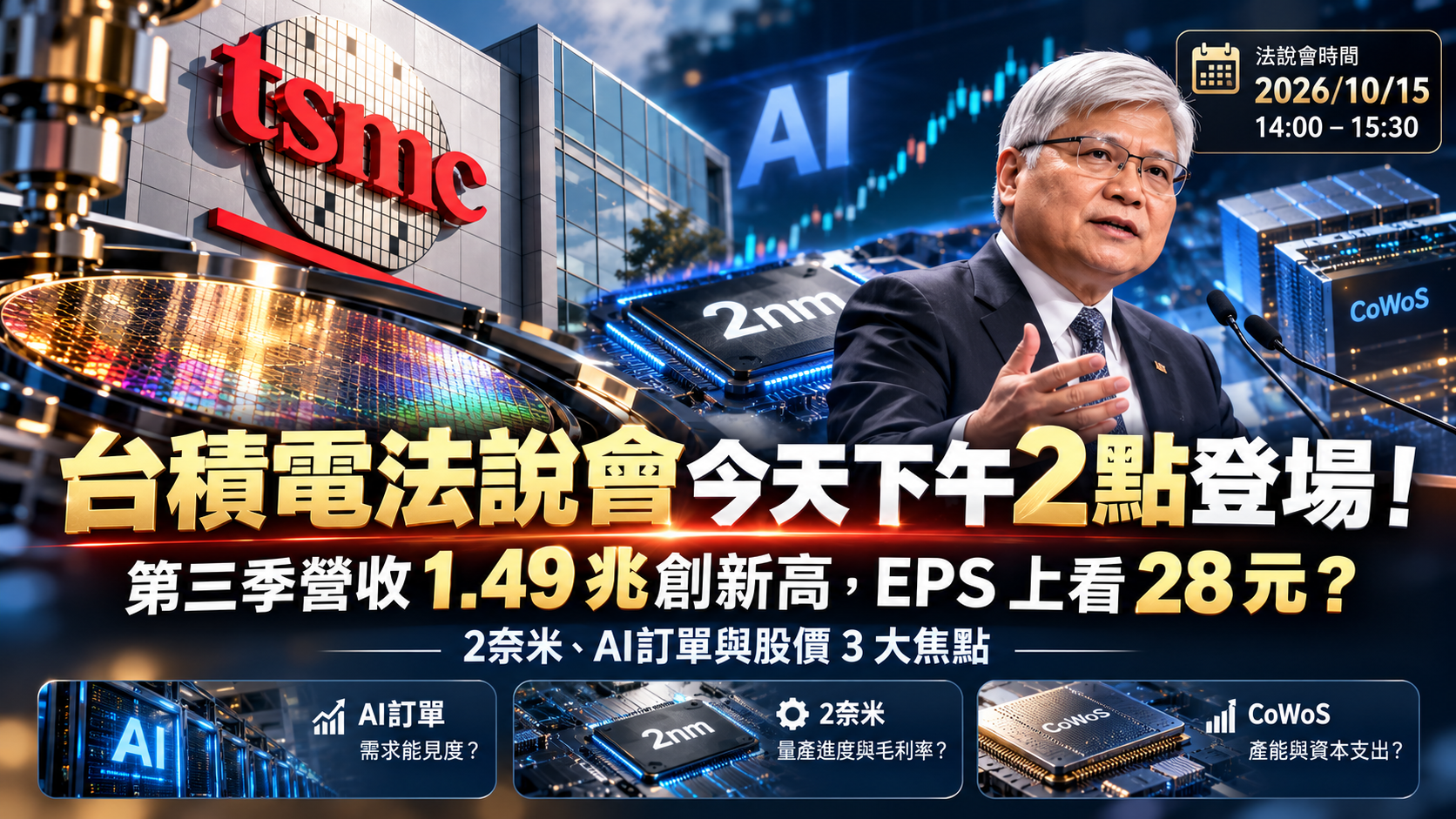 台積電法說會今天下午2點登場！第三季營收1.49兆創新高，EPS上看28元？2奈米、AI訂單與股價3大焦點
