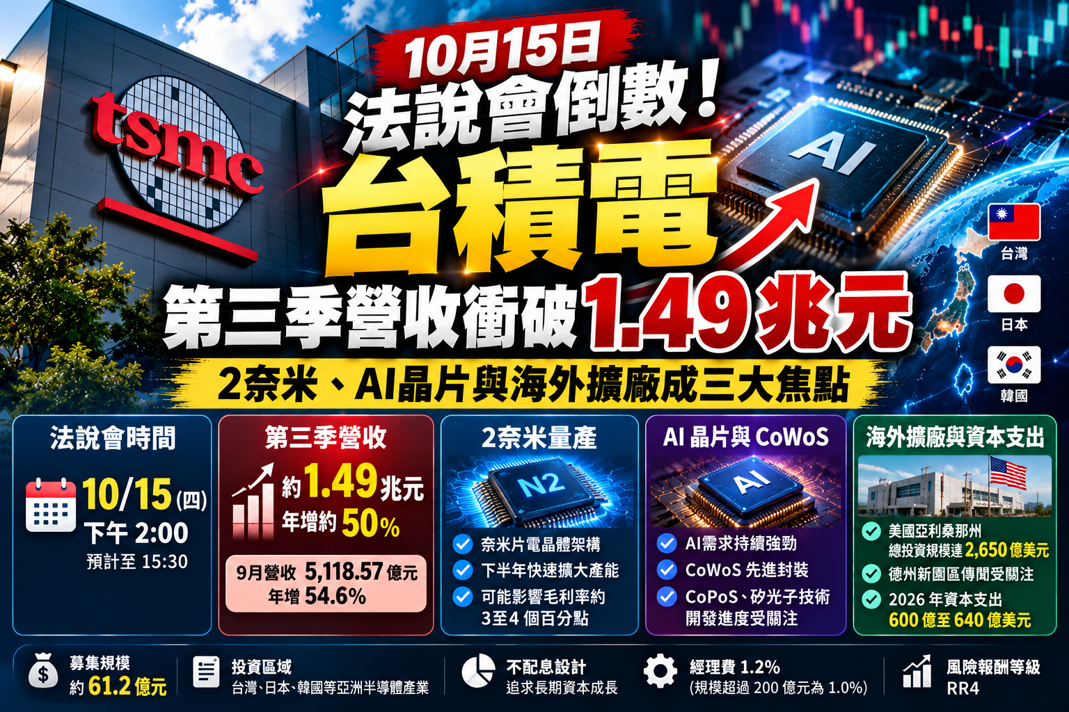 台積電10月15日法說會倒數!第三季營收衝破1.49兆元,2奈米、AI晶片與海外擴廠成三大焦點