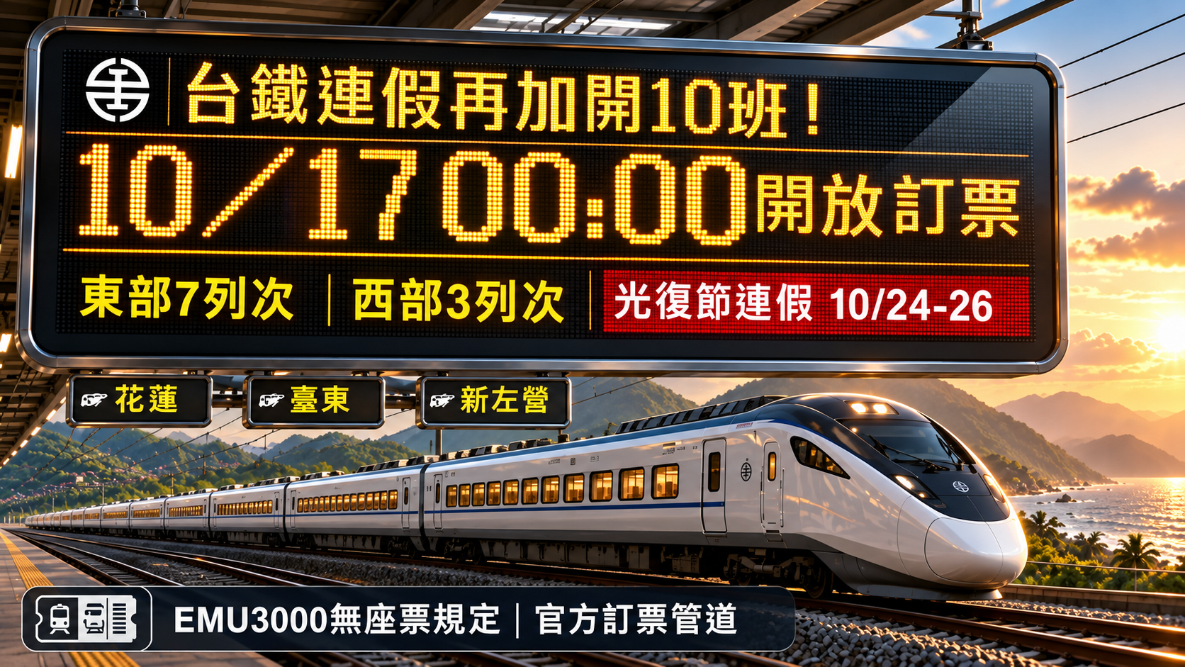 台鐵光復節連假再加開10班！10/17凌晨0點搶票，花東列車、無座票與訂票方式一次看
