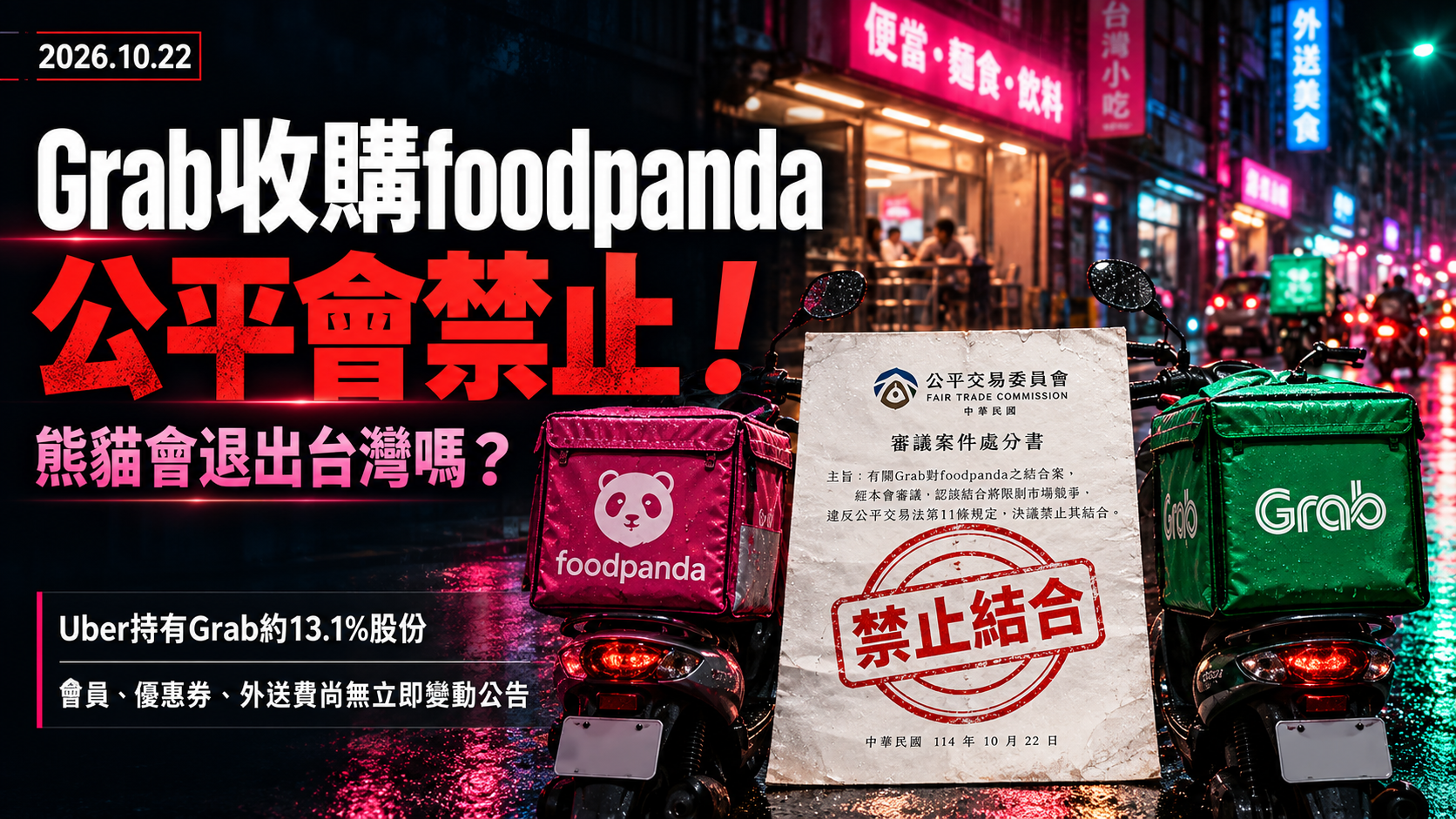 Grab收購foodpanda遭公平會禁止!熊貓會退出台灣嗎?外送費、優惠券、會員訂閱與店家權益一次看