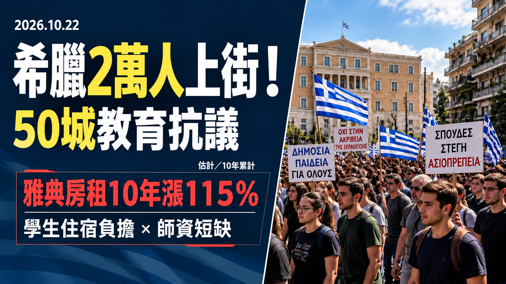 希臘2萬學生教師上街！50座城市抗議教育資源不足，雅典房租10年漲115%，年輕人為何負擔不起讀大學？
