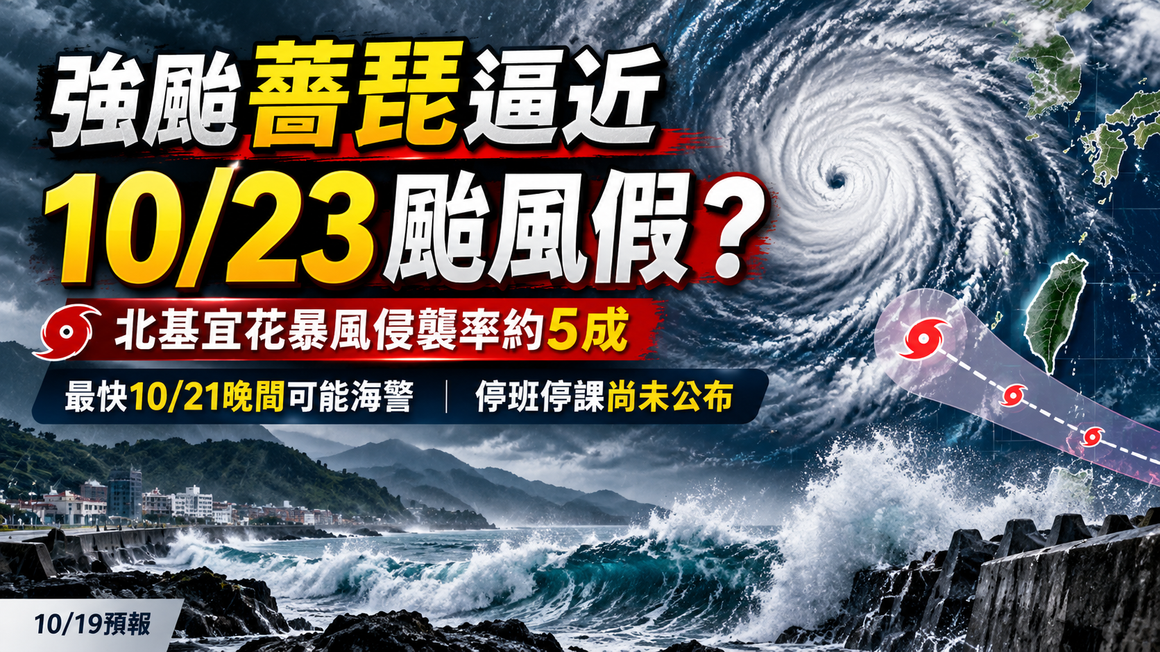 強颱薔琵逼近台灣!10/23恐放颱風假?北基宜花暴風侵襲率破5成,最新路徑、海警時間與光復節連假影響一次看