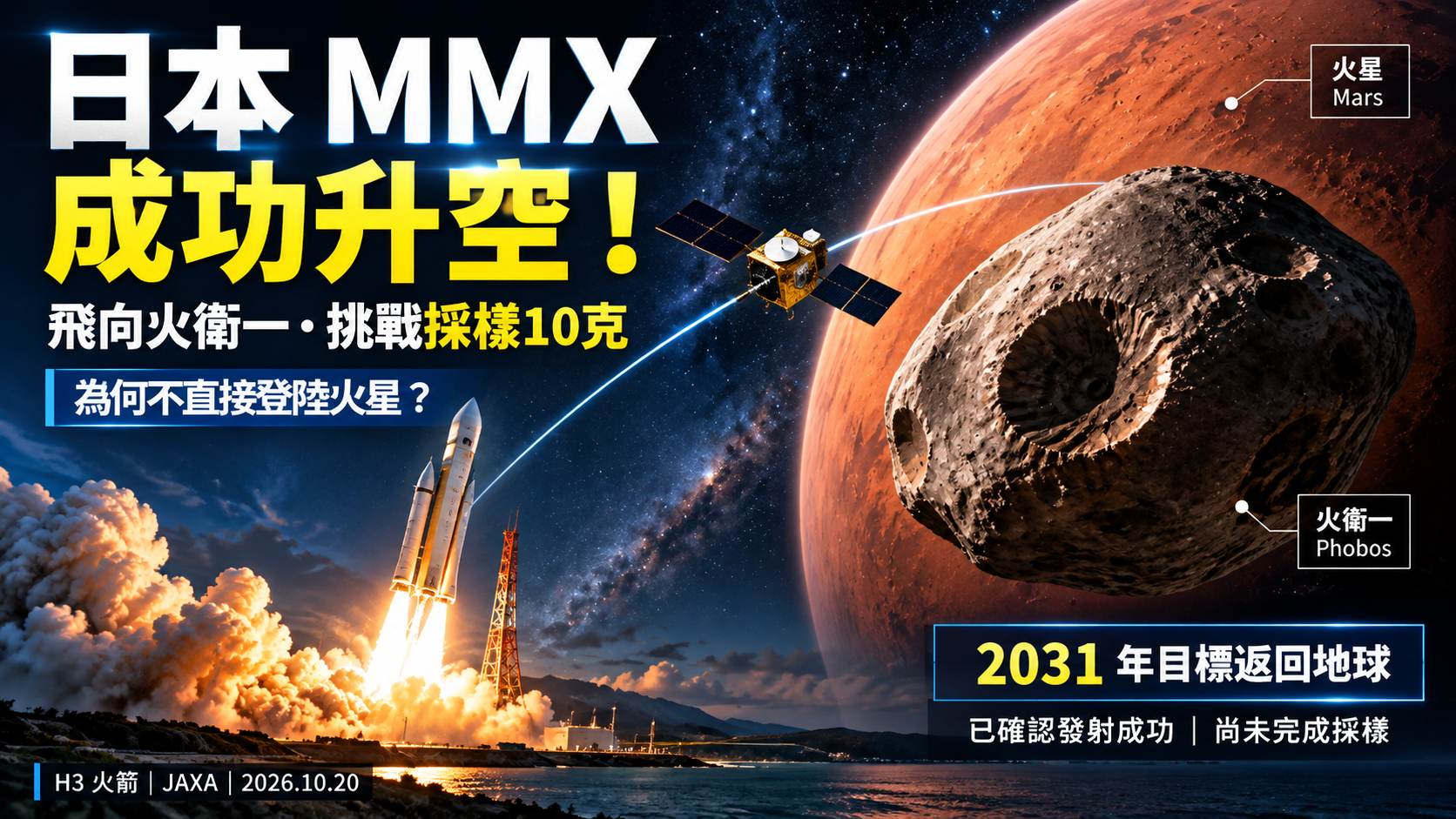 日本MMX成功升空！H3火箭送探測器飛往火衛一，目標2031年帶回10克土壤：為何不直接登陸火星？