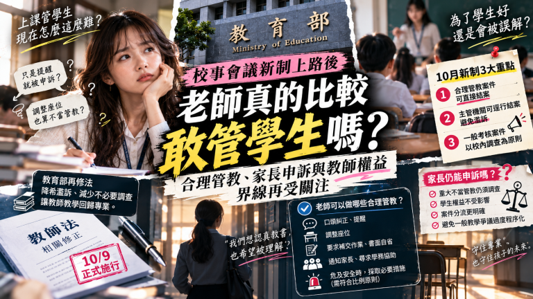 校事會議新制10月上路：合理管教可直接結案，教師管教權、家長申訴怎麼變？