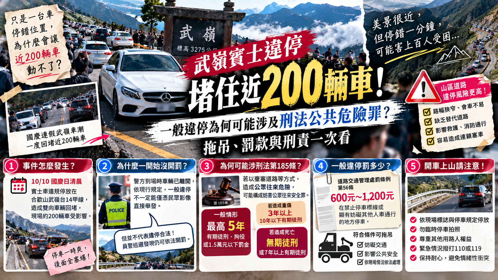 武嶺賓士違停堵住近200輛車！一般違停為何可能涉及刑法公共危險罪？拖吊、罰款與刑責一次看