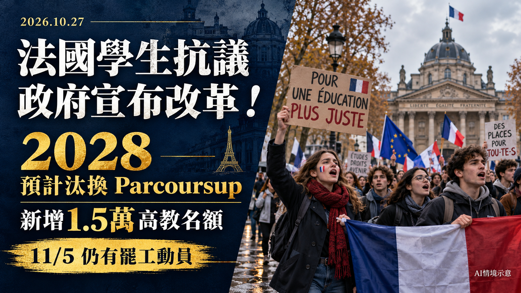 法國學生抗議逼政府讓步！2028年廢Parcoursup升學平台、增1.5萬名額，11月5日仍要全國罷工？教育改革與財政壓力一次看