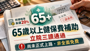 65歲以上免健保費三讀！20%所得門檻、補助資格與上路日期