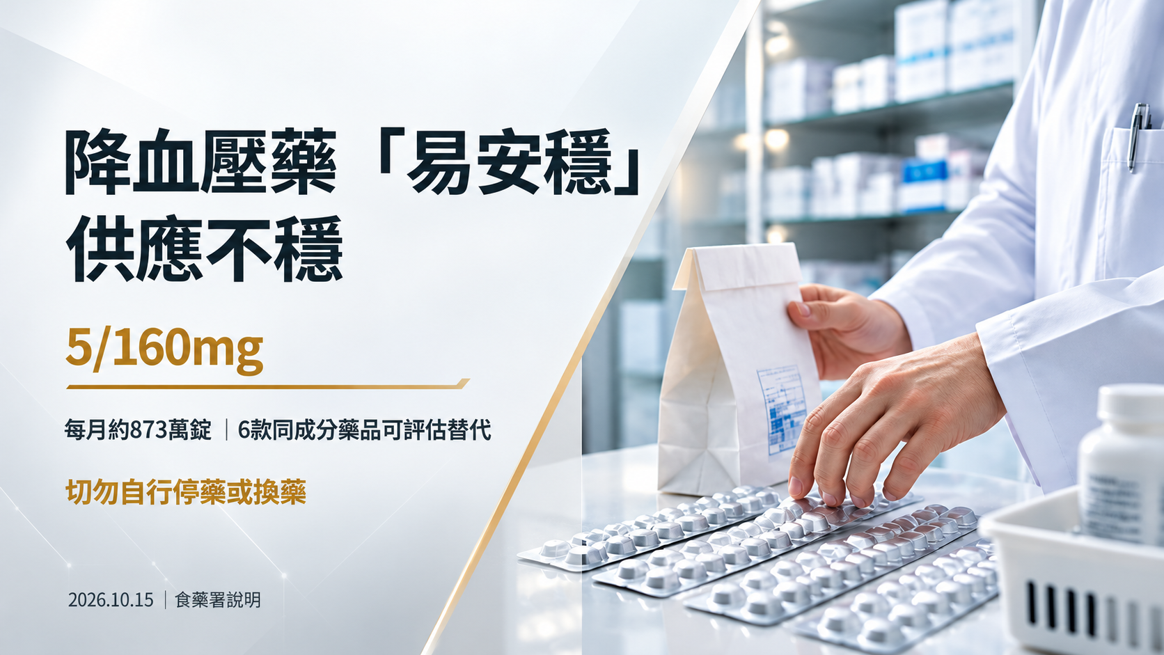 降血壓藥「易安穩」缺貨怎麼辦？每月873萬錠供應不穩，食藥署公布6款同成分替代藥、最快11月緩解