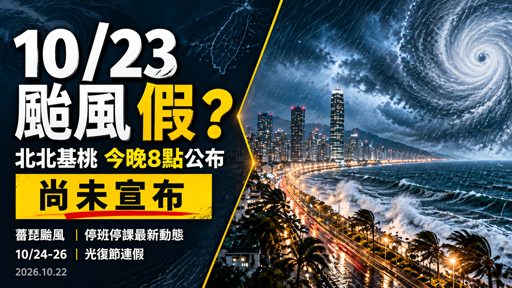 10/23颱風假會放嗎？北北基桃今晚8點宣布！薔琵颱風停班停課、薪水怎麼算、光復節連假一次看