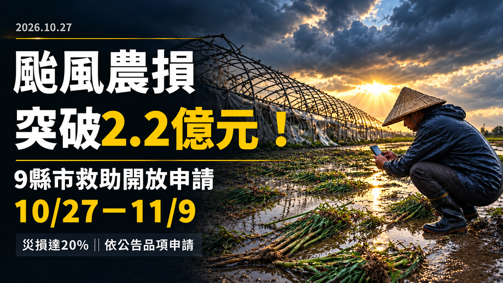 颱風農損破2.2億元!9縣市天然災害救助10/27開放申請,最高每公頃補助多少?20%災損門檻、11/9期限與低利貸款一次看